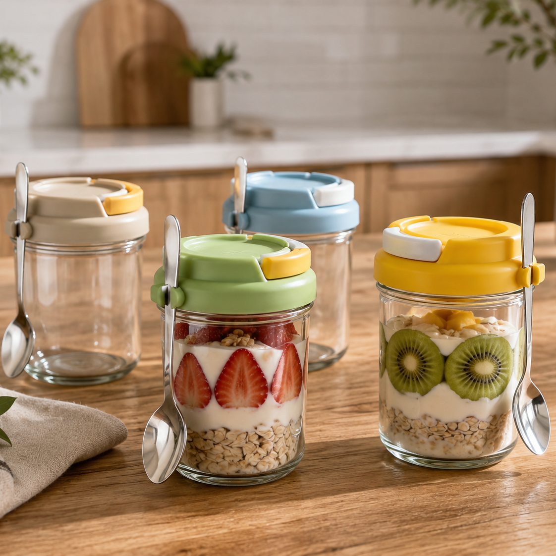 4-Pack Overnight Oats Jars with Lids &amp; Spoons – Reusable Glass Meal Prep Containers