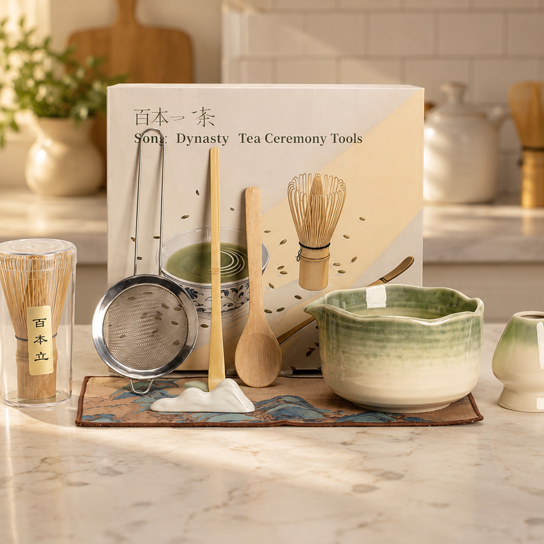 8-Piece Japanese Matcha Tea Set – Ceramic Matcha Bowl Kit with Bamboo Whisk, Scoop, Sifter & Whisk Holder