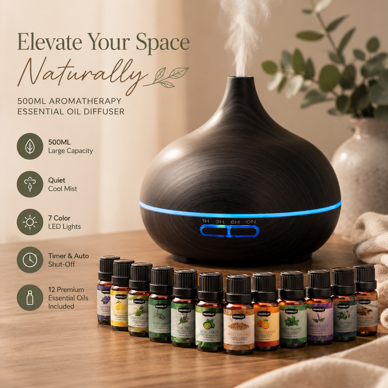 500ml Aromatherapy Essential Oil Diffuser with 12 Essential Oils | Quiet Cool Mist Humidifier for Home & Bedroom