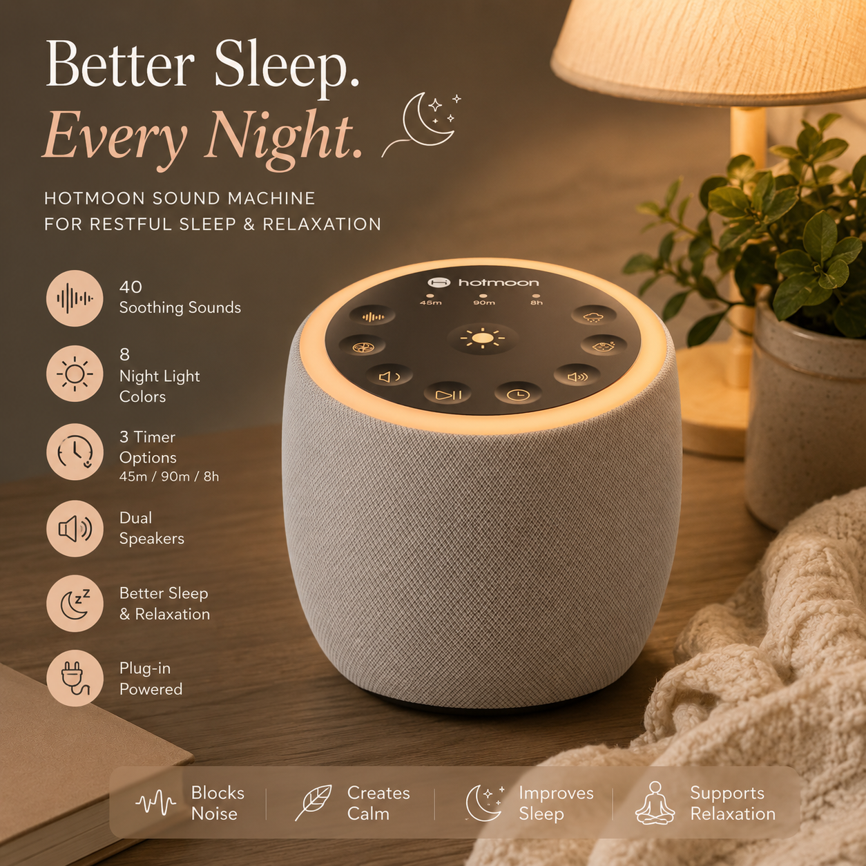 Sleep Sound Machine with 40 Soothing Sounds & Night Light | White Noise Machine for Better Sleep & Relaxation