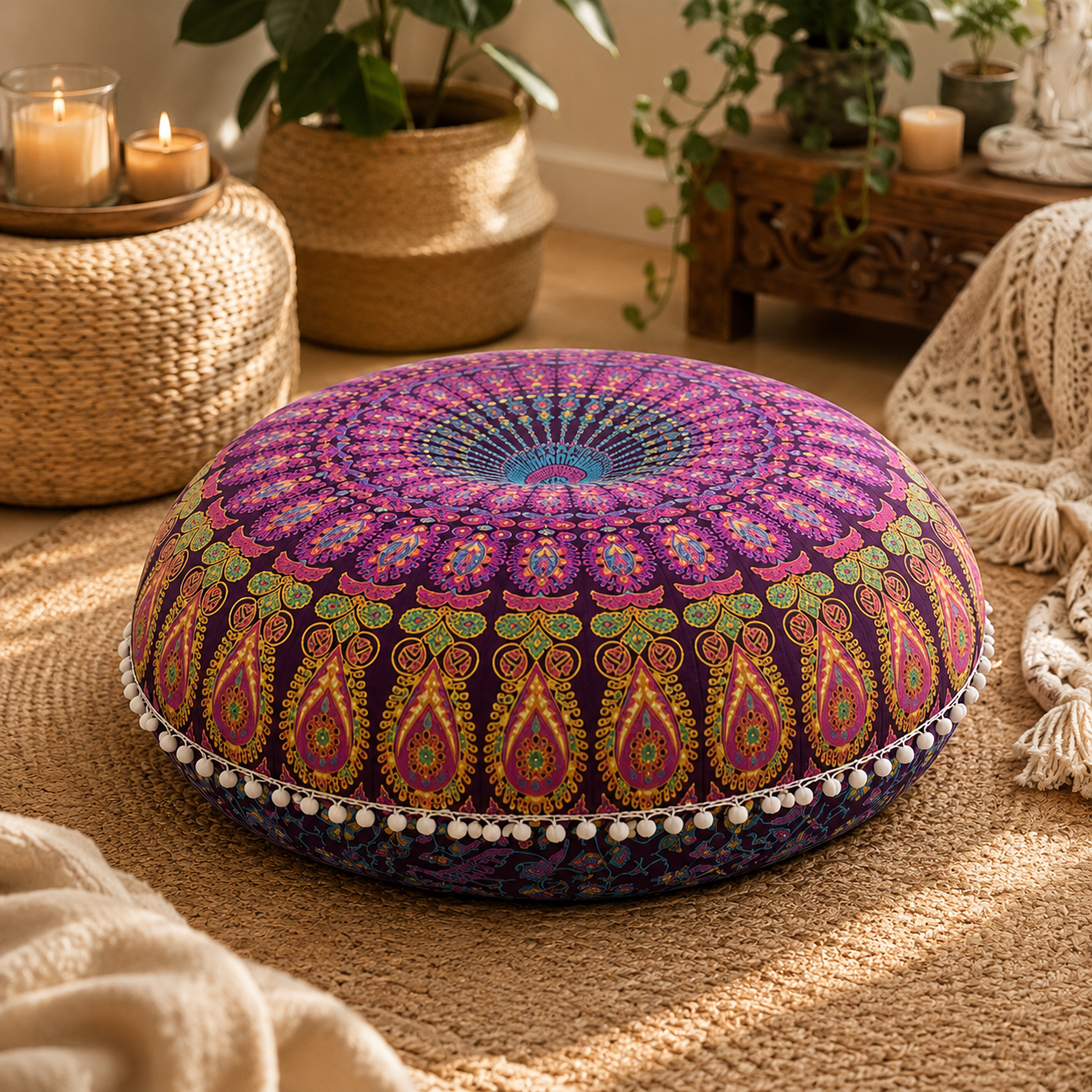Bohemian Mandala Meditation Floor Cushion Cover | Round Decorative Pouf Cover for Yoga, Meditation & Home Décor