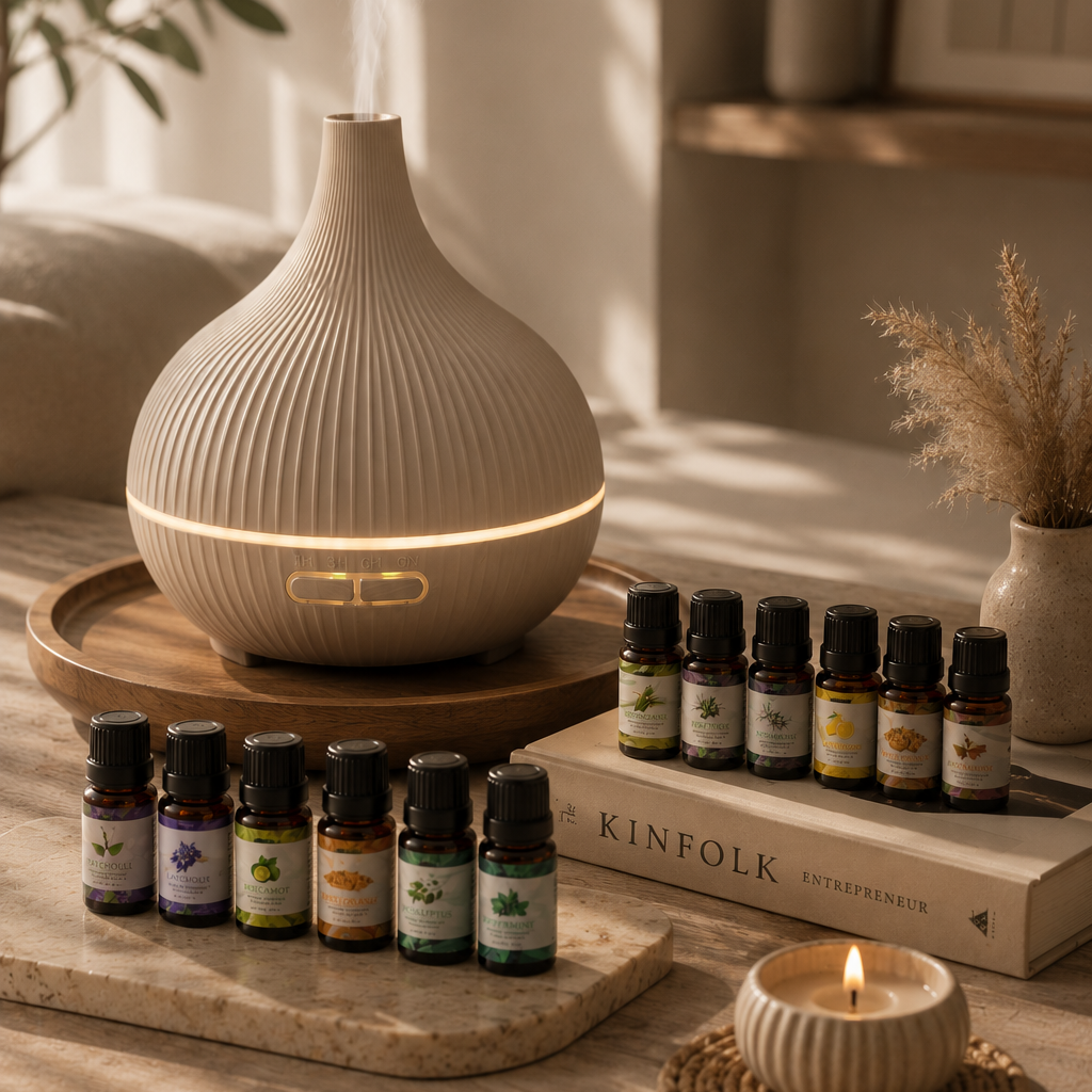 500ml Aromatherapy Essential Oil Diffuser with 12 Essential Oils | Quiet Cool Mist Humidifier for Home & Bedroom